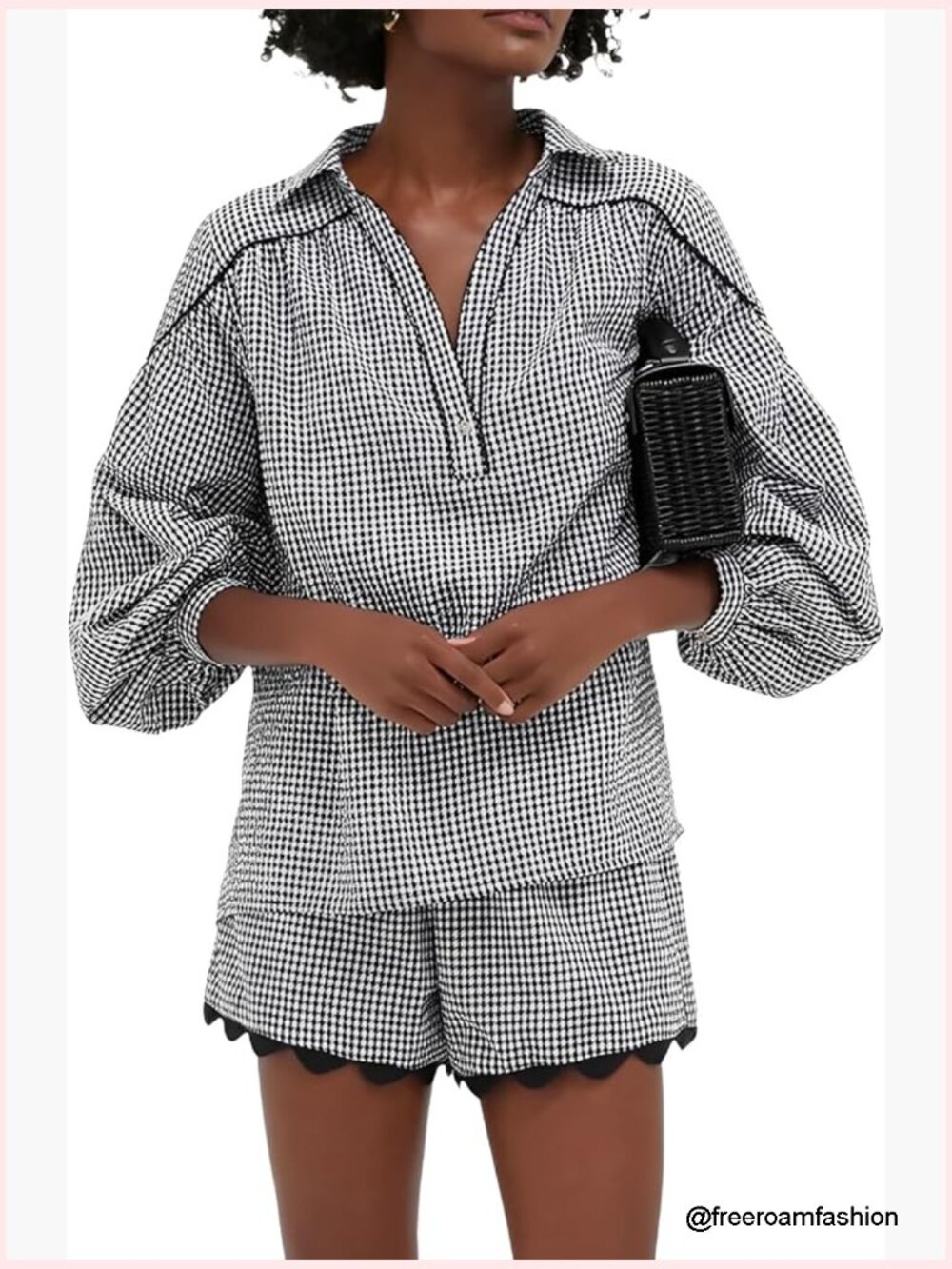 Two Piece Shorts Set Puff Sleeve Top Scalloped Hem Summer Matching Outfit